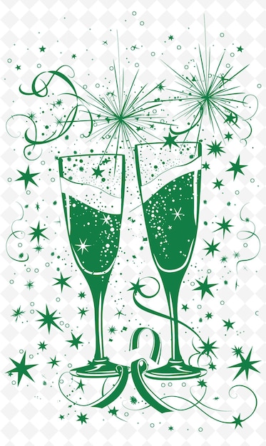 PSD zielony plakat z dwoma flautami szampana i zielonym tłem z słowami szampanie na nim