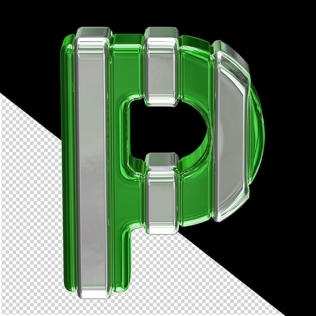 PSD zielony symbol ze srebrnymi pionowymi cienkimi paskami litera p