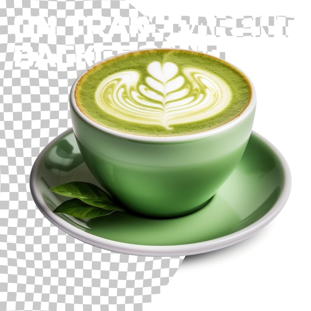 PSD zijkant van hete latte koffie met latte kunst in een keramische groene beker en schotel geïsoleerd op transpare