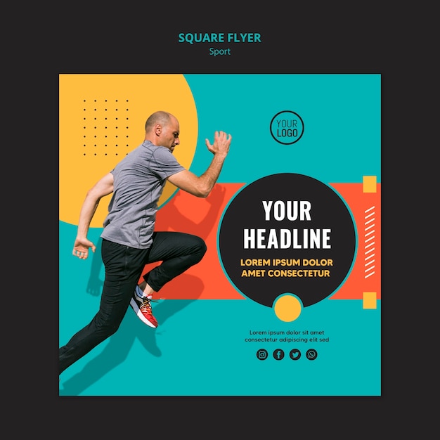 Zijwaarts passen man met vierkante flyer-sjabloon