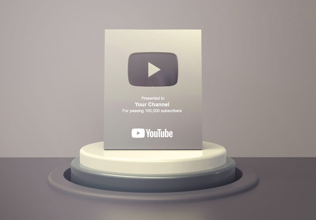 Zilveren afspeelknop youtube op ronde podiumvoetstuk mockup