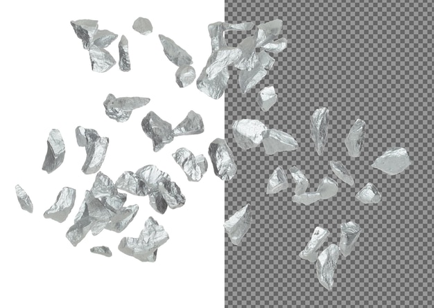 Zilverertsnugget vliegen vallen uit de mijnbouw drijven in de lucht Veel stukken zilvernugget erts explosie met stenen grind in het zilver mijnbouwindustrie Witte achtergrond Geïsoleerde gooien bevriezen stop beweging