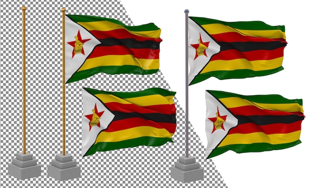 PSD zimbabwe flag waving different style with stand pole isolated 3d rendering