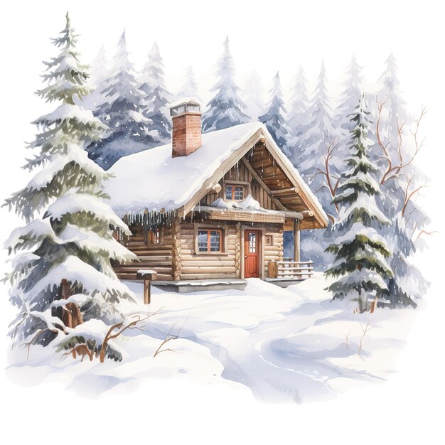 PSD zimowy lasowy domek na boże narodzenie akwarelowy styl ai generowany