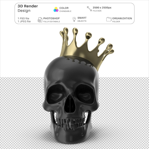 Złota czaszka z koroną 3D modelowanie pliku PSD realistyczna złota czaszka