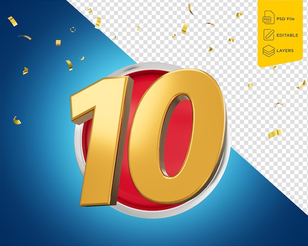 PSD złota liczba 10 złota numer dziesięć na zaokrąglonej czerwonej ikonie z cząstkami na niebieskim tle ilustracja 3d