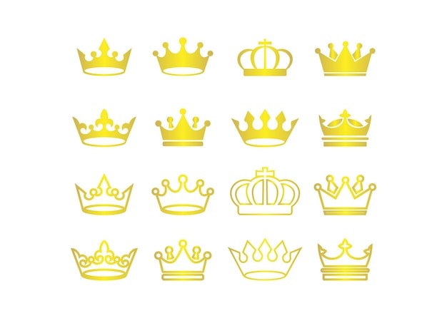 Złote ikony korony umieszczają królewskie symbole i emblemy monarchii w płaskim stylu