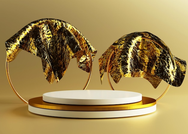 Złote pierścienie z luksusową tkaniną 3d renderowana prezentacja produktu na podium