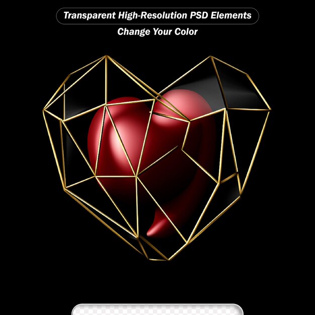 PSD złote wielokątne serce z realistycznym czerwonym sercem wewnątrz
