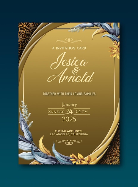 PSD złoty gradient luksusowy kreatywny kwiatowy zaproszenie na ślub szablon karty projektu szablon zaangażowania
