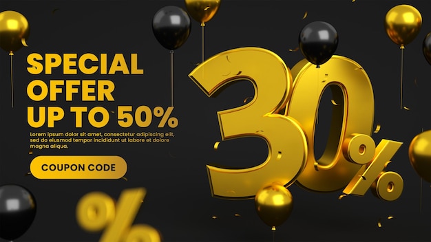 PSD złoty i czarny duży flash mega super baner na wyprzedaż z 30-procentową zniżką specjalną ofertą