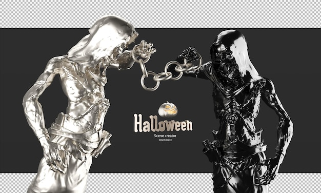 PSD złoty i czarny metaliczny ponury żniwiarz trzymający koło łańcuch 3d render statua ducha