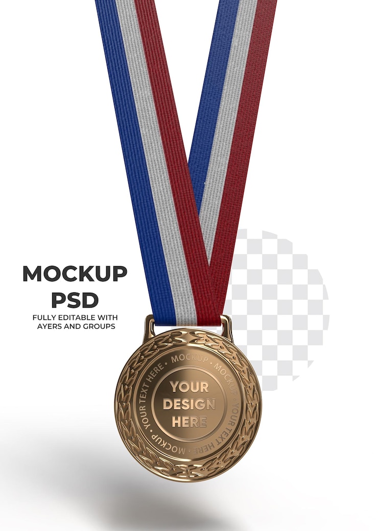 Złoty Mockup Medal PSD szablon z wstążką
