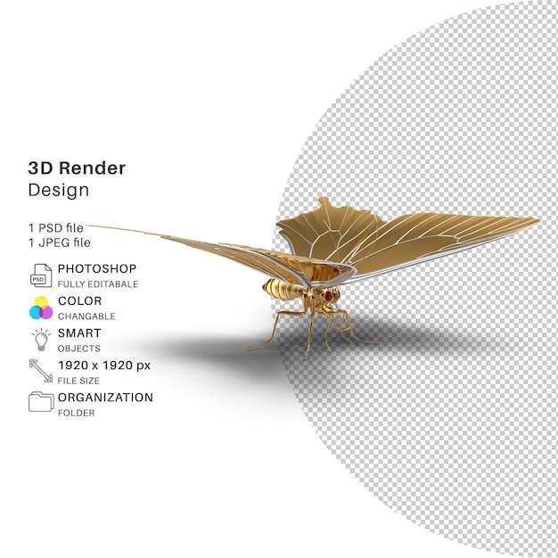 Złoty Motyl Modelowanie 3d Pliku Psd Realistyczny Motyl