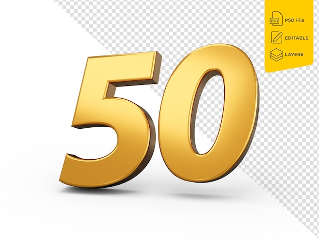 PSD złoty numer 50 pięćdziesiąt na białym tle błyszczący 3d numer 50 wykonany ze złota ilustracja 3d