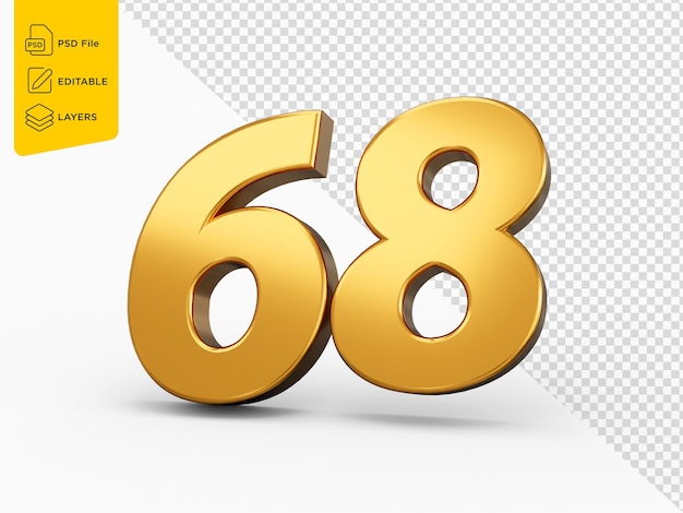 Złoty numer 68 sześćdziesiąt osiem izolowany biały tło błyszczący 3d numer 68 wykonany ze złota 3d ilustracja