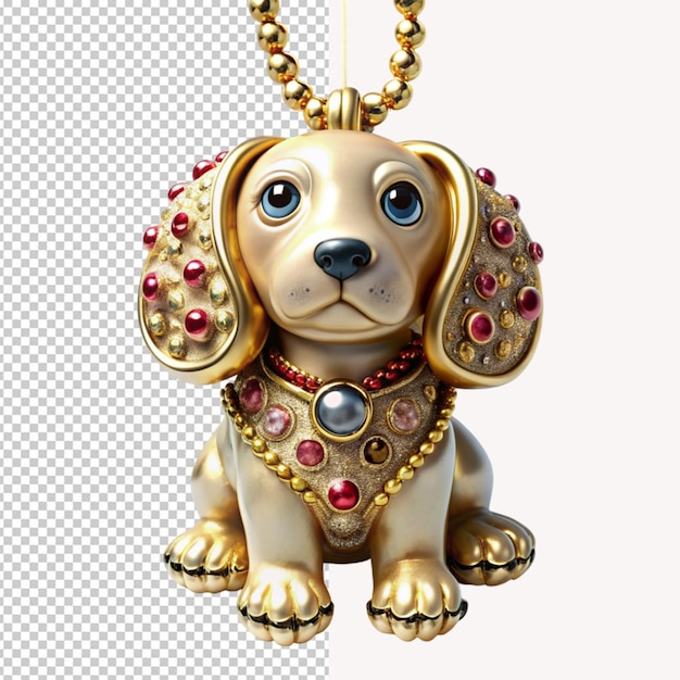 PSD złoty pies z naszyjnikiem z napisem 