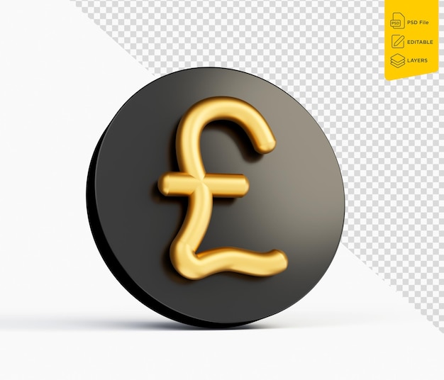 Złoty symbol funta z czarną ikoną na białym tle ilustracji 3D