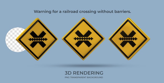 PSD znak drogowy ostrzeżenie o przejeździe kolejowym 3d renderowania przezroczyste tło