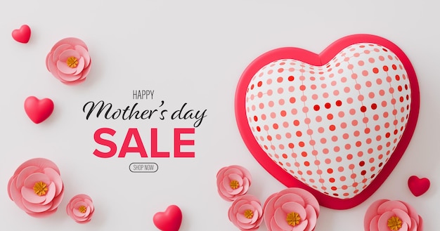 PSD znak w kształcie serca z różowym tłem i czerwonymi kwiatami znak mówi szczęśliwy dzień matki sprzedaż