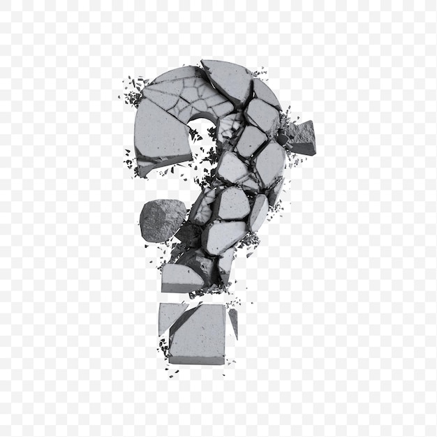 Znak zapytania alfabetu wykonany z łamanego bloku betonowego ilustracja 3D na białym tle