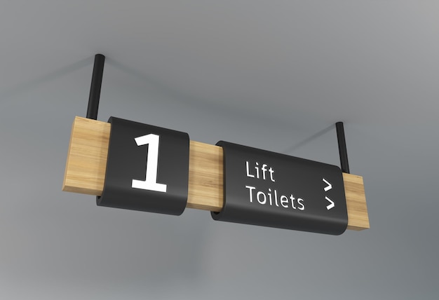 PSD znak zwisający z sufitu pokazuje numer 1 i toalety windy.