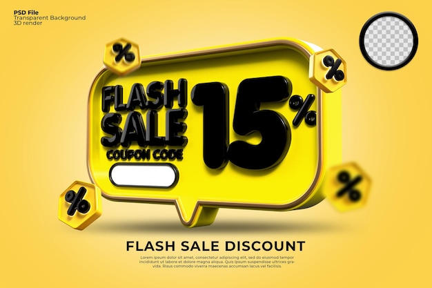 Zniżka na sprzedaż flash 3D o wartości 15 procent w żółtych czarnych kolorach, baner sklepu internetowego,