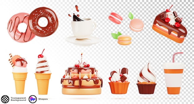 Zoete eten 3d realistische rendering icoon set verjaardag chocoladekoek met kaarsen en kersen cupcake donut macaron ijs koffiekop en frisdrank voor bakkerij winkel of café menu