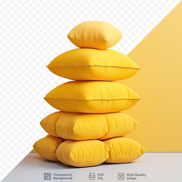 PSD Żółta pufa na metalowych nogach ze stosem poduszek na przezroczystym tle