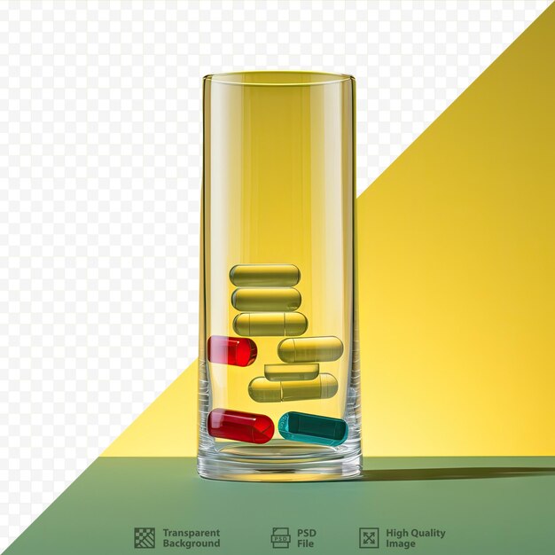 PSD Żółte, białe i zielone tabletki wraz z czerwonymi i niebieskimi płynami w przezroczystym szklanym wazonie to substancja lecznicza przeznaczona do stosowania w opiece zdrowotnej i podczas epidemii covid