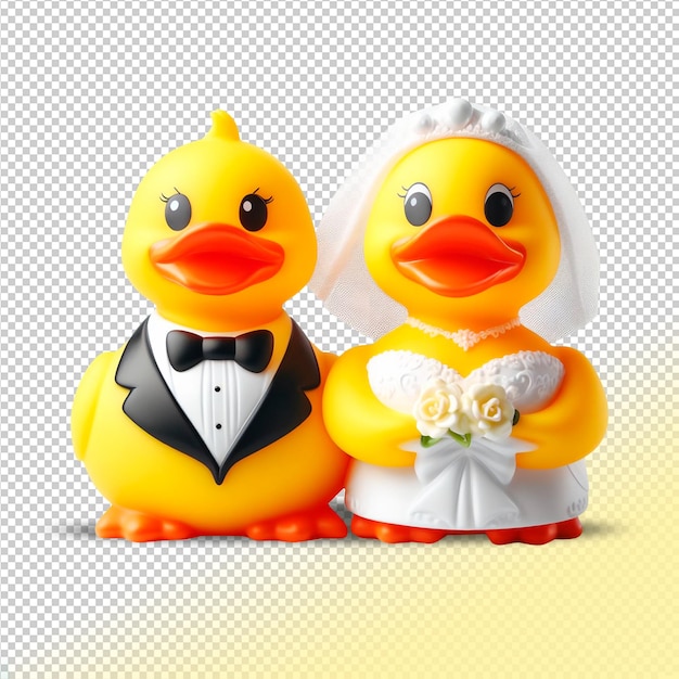 PSD Żółte gumowe kaczki psd właśnie poślubiły na przezroczystym tle