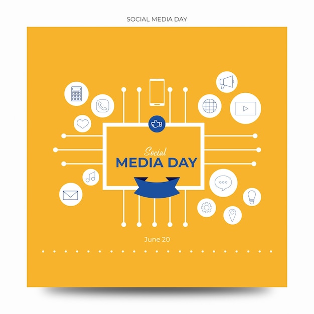 PSD Żółto-niebieski plakat z napisem „dzień mediów społecznościowych”.