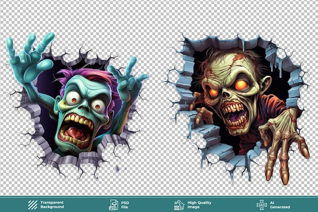 PSD zombie coming out from cracked wall on transparent background