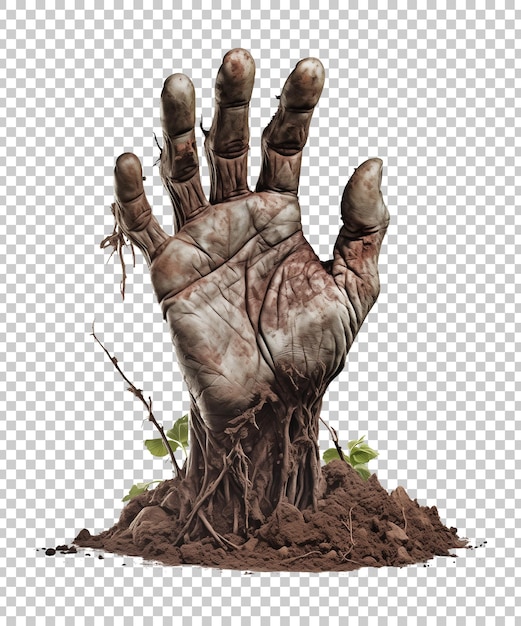 PSD zombie hand coming out of soil isolated on transparent background