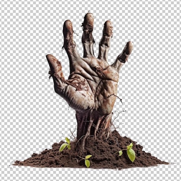 Zombie hand coming out on soil isolated on transparent background