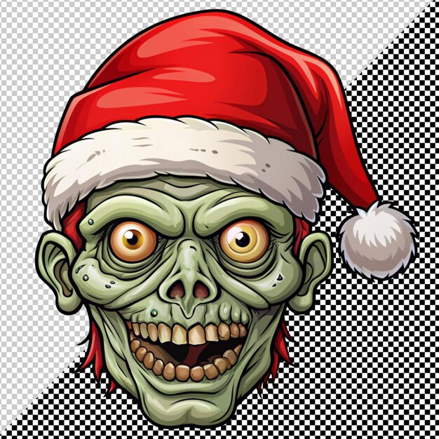 Zombie head in red santa hat on transparent background