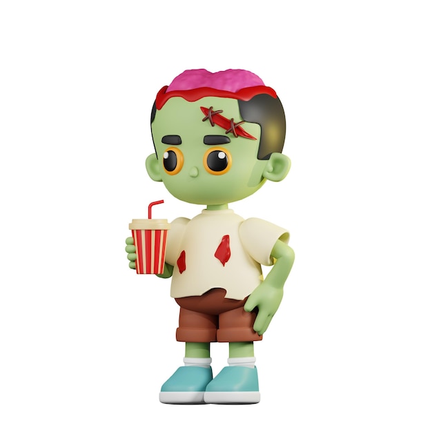 PSD zombie with a cup of soda drink and candy 3d cartoon pose