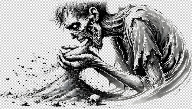 PSD a zombie with decaying flesh desperately craves sand amidst scattered bones and skulls