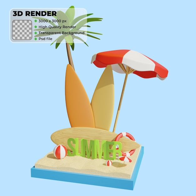 Zomer 3d-webontwikkelingspictogram met palm en bal