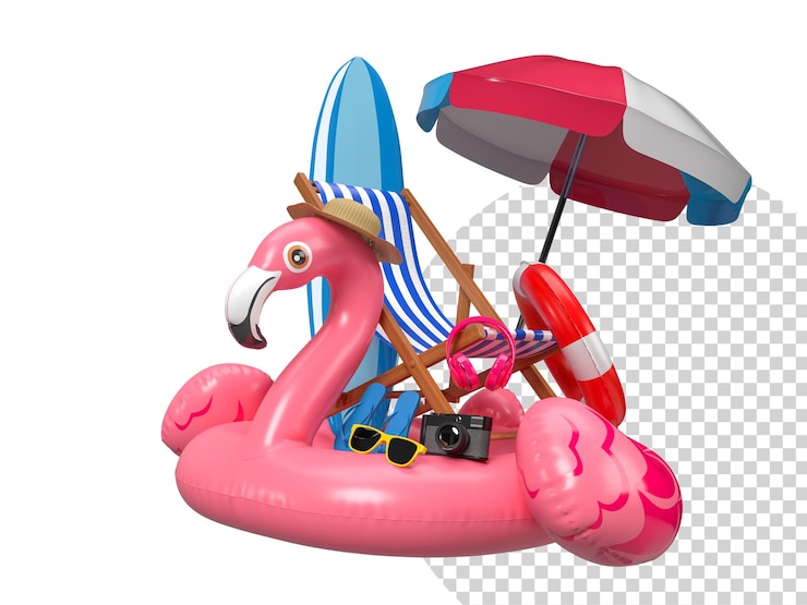 PSD zomer en reizen concept reizen toerisme reisplanning flamingo opblaasbaar met parasol strandstoel en verschillende accessoires elementen van de zomer voor vakantie 3d-rendering