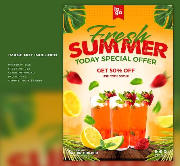 Zomer eten en drinken poster voor afdruksjabloon premium psd