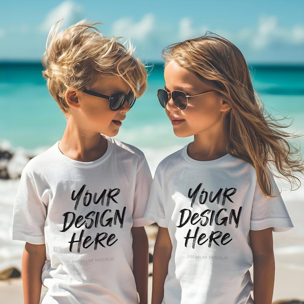 Zomer mock-up met kinderen in witte matching t-shirts op familie vakantie