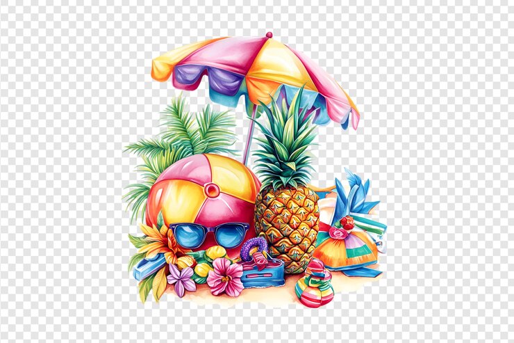 PSD zomer strand accessoires met ananas en tropische paraplu geïsoleerd op een doorzichtige achtergrond