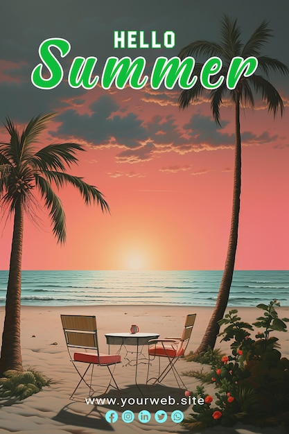 PSD zomer strand scène met een strand stoel en een paraplu voor poster of banner sjabloon