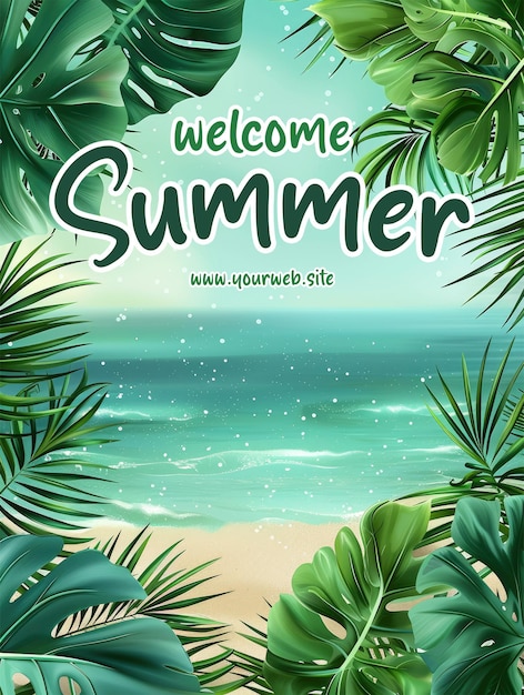 PSD zomer welkomst poster sjabloon met realistische achtergrond voor het zomerseizoen