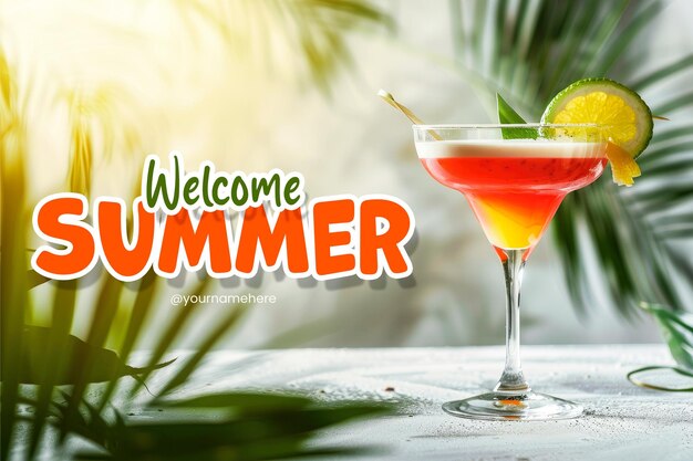 PSD zomer welkomstbanner sjabloon met realistische foto van cocktail achtergrond