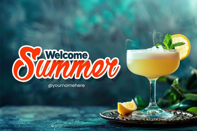 PSD zomer welkomstbanner sjabloon met realistische foto van cocktail achtergrond