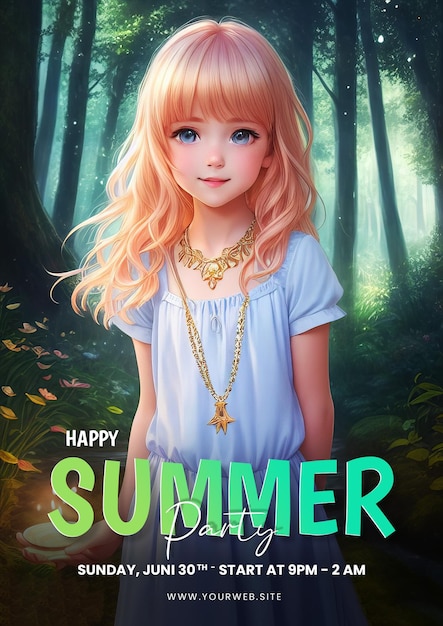 Zomerposter met anime-achtergrond in zomerkleding