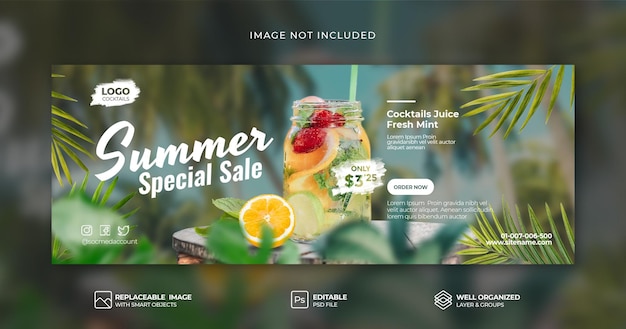 Zomerspecial verse muntlimoendrankmenu op houtpromotie facebook omslagbanner psd-sjabloon