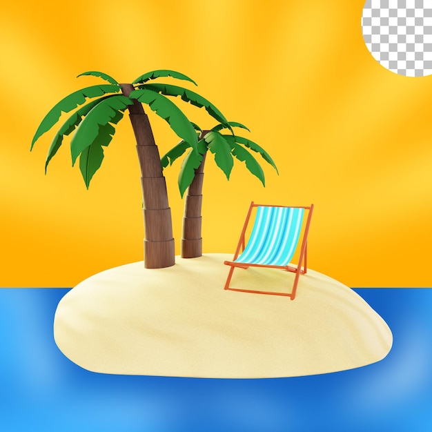 zomerstrand met strandstoel en palmboom 3d illustratie